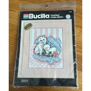 Vintage Bucilla Counted Cross-Stitch Kit #40293 "Cuddle Up" White Kittens NEW